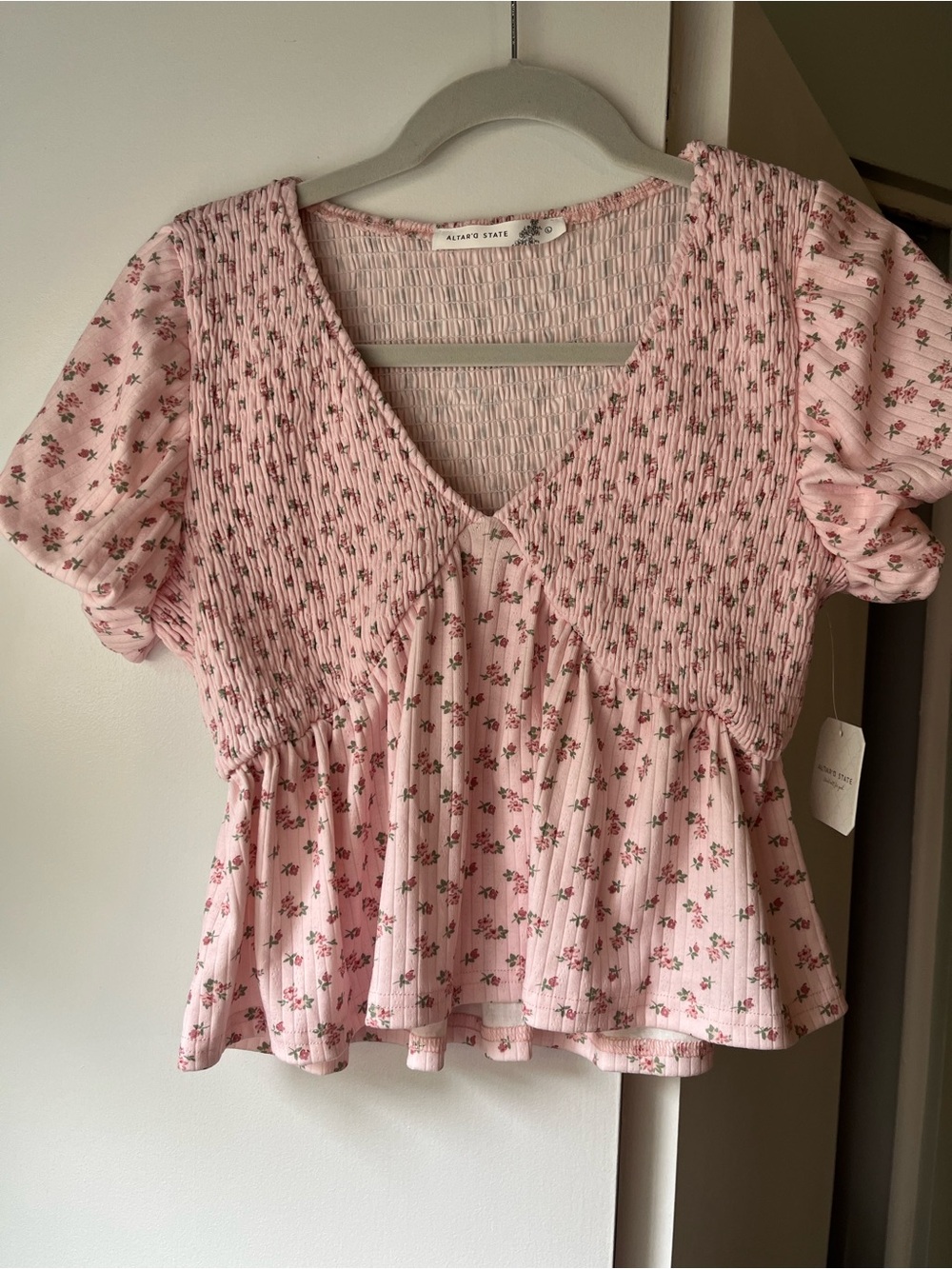 Altar'd State Pink Floral Smocked Peplum Blouse
